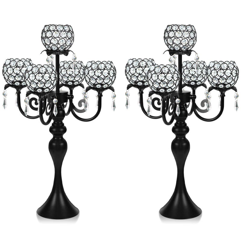 Kehail Crystal Tea Light Candle Holders Set - 14" L x 22.5" H Matte Black Metal & Sparkling Accents, Wedding & Party Centerpiece Decor(2, Black) - Image 1