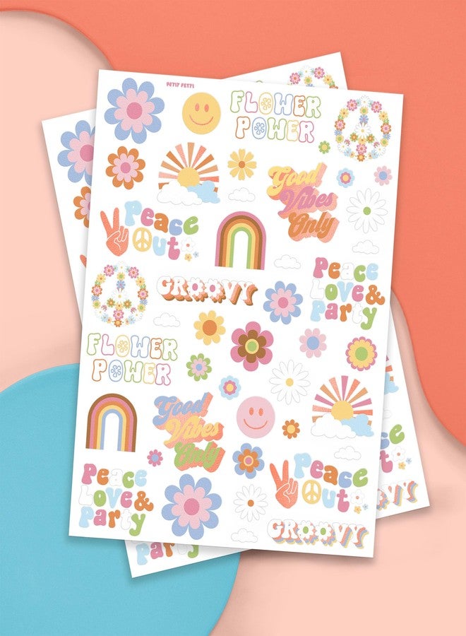 xo, Fetti Groovy 70s Temporary Tattoos - 48 Glitter Styles | Flower Power Birthday Party Supplies, Good Vibes Only Favors, Smiley, Rainbow Arts and Crafts - Image 2