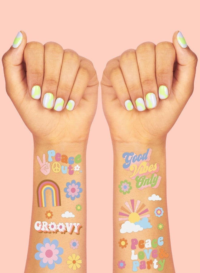 xo, Fetti Groovy 70s Temporary Tattoos - 48 Glitter Styles | Flower Power Birthday Party Supplies, Good Vibes Only Favors, Smiley, Rainbow Arts and Crafts - Image 3