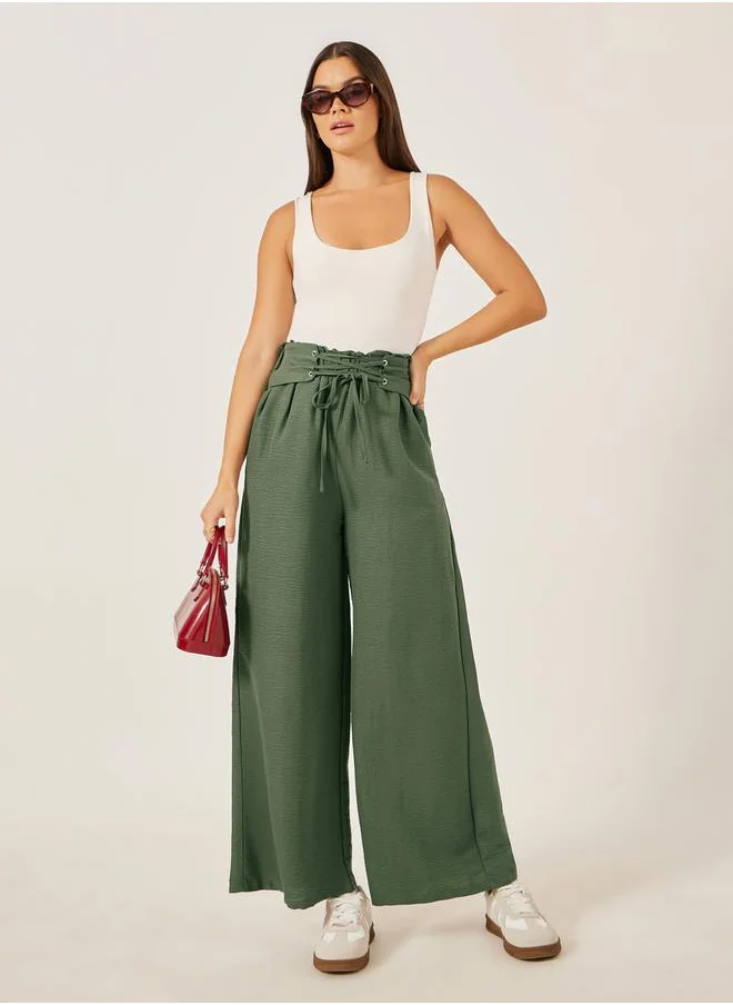 Styli Mid Rise Wide Leg Corset Waistband Pants