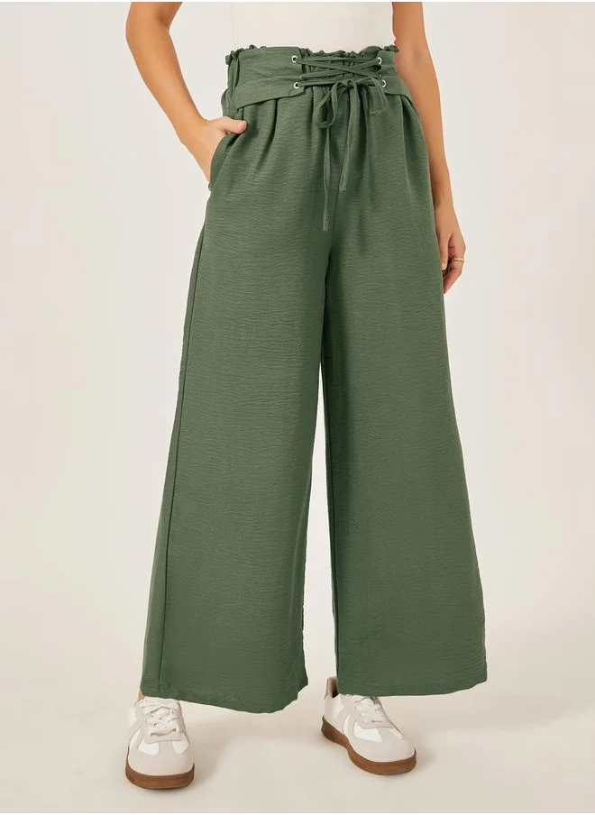 Styli Mid Rise Wide Leg Corset Waistband Pants