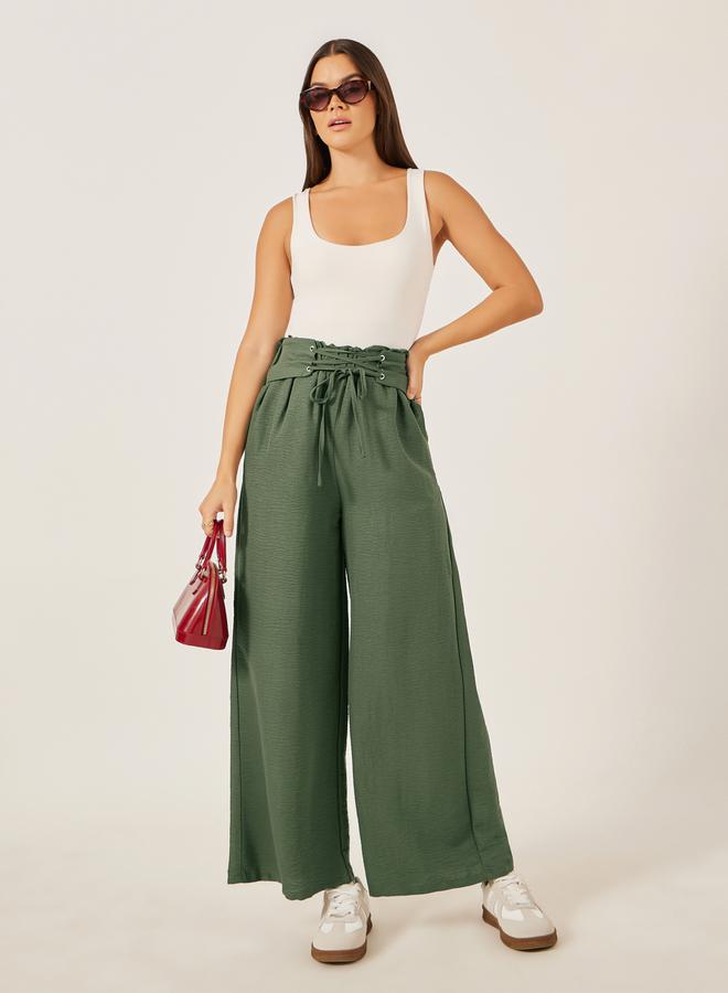 Styli Mid Rise Wide Leg Corset Waistband Pants  - Image 1