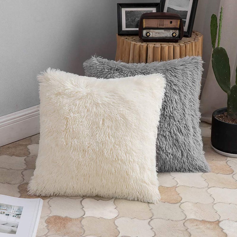 ANRODUO Pack of 2 Beige Throw Pillows Luxury Fluffy Pillows Faux Fur Decorative Pillows Plush Cushion Case Fuzzy Mongolian Merin Style for Bed Couch Sofa and Living Room Spring Home Decor 18x18 Inch - Image 5