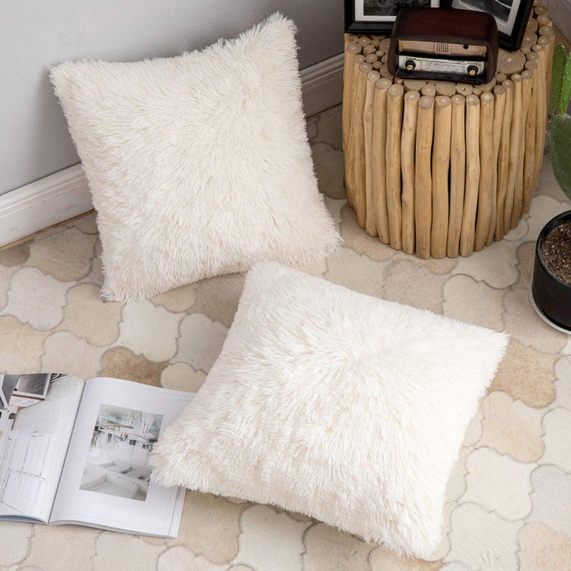 ANRODUO Pack of 2 Beige Throw Pillows Luxury Fluffy Pillows Faux Fur Decorative Pillows Plush Cushion Case Fuzzy Mongolian Merin Style for Bed Couch Sofa and Living Room Spring Home Decor 18x18 Inch - Image 2