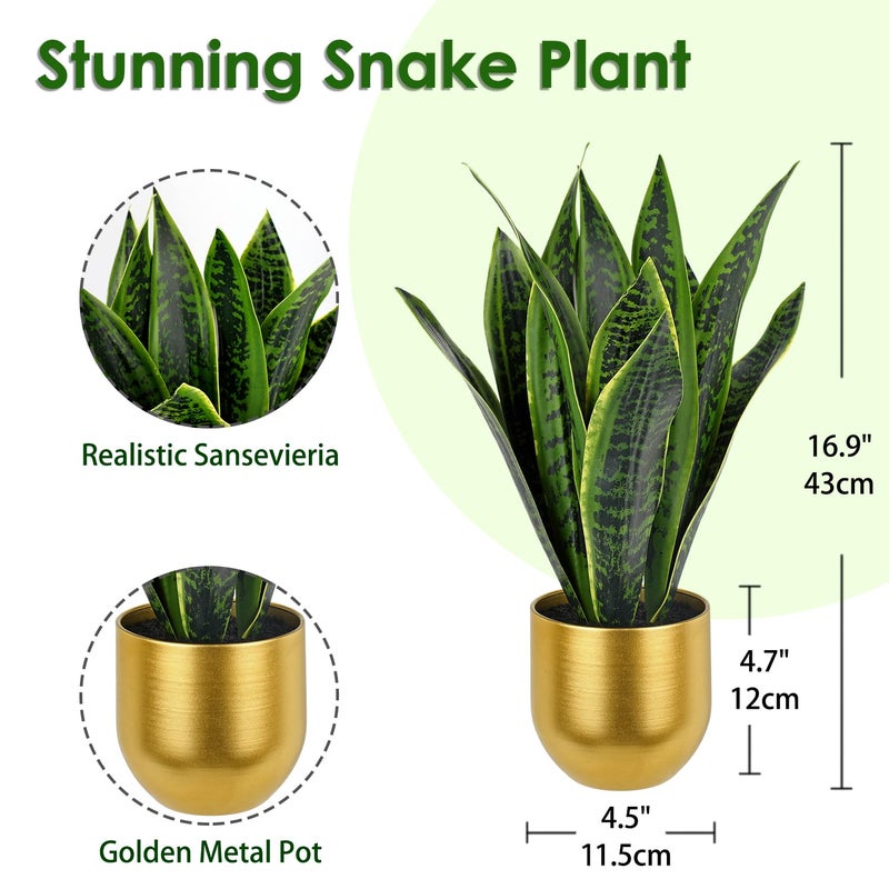 Briful Fake Plants 17" Artificial Snake Plant Faux Plants in Gold Pot Tropical Sansevieria Silk Plant Fake Potted Plants Indoor for Home Living Room Bathroom Office Housewarming Gift Decor - Image 2