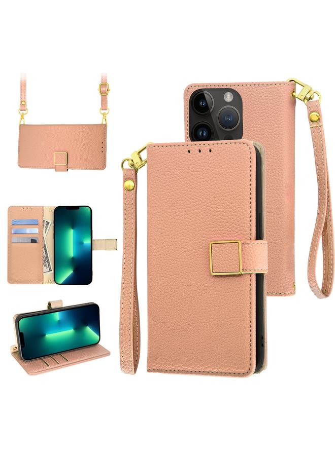 زبون جراب هاتف iPhone 13 Pro Crossbody من الجلد بمشبك مربع من نسيج الليتشي لهاتف iPhone 13 Pro - Image 1