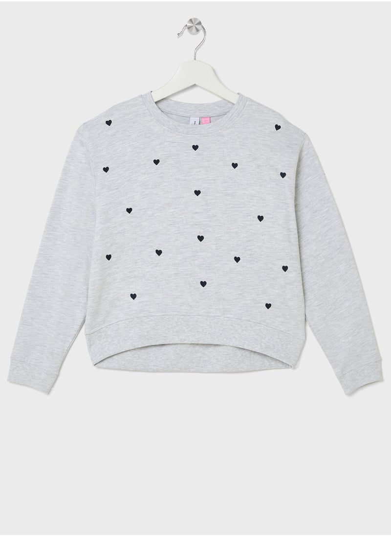 Vero Moda Girl - Kids Heart Print Crew Neck Sweatshirt - Image 1