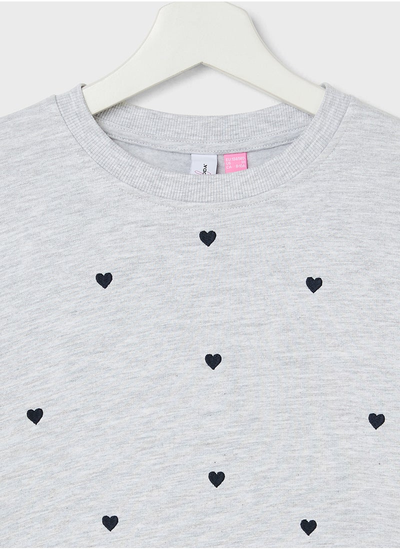Vero Moda Girl - Kids Heart Print Crew Neck Sweatshirt - Image 1