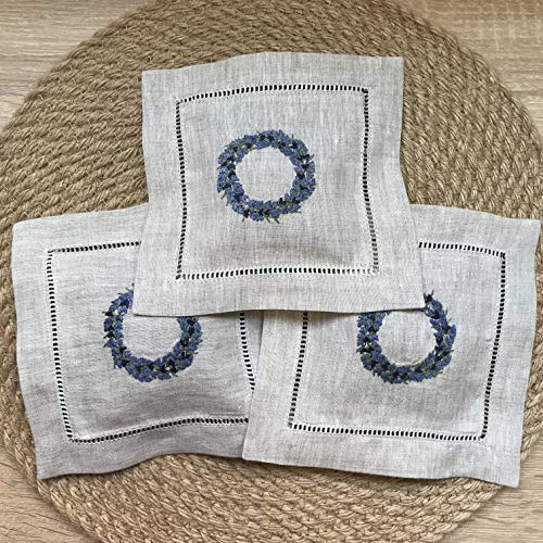 Minhcraft Hand embroidered lavender pillow sachet bag “Lavender crown” natural linen cushion 6"x6", set of 3 - Image 1