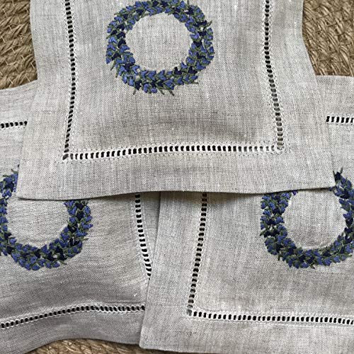 Minhcraft Hand embroidered lavender pillow sachet bag “Lavender crown” natural linen cushion 6"x6", set of 3 - Image 2