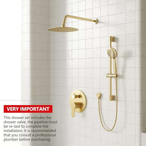 Gabrylly Shower System Gold, Slide Bar Shower Faucet Set with High Pressure 10" Rain Head and 5-Setting Handheld Spray, 2 Way Pressure Balance Valve with Trim Kit, Brushed Gold - Image 3