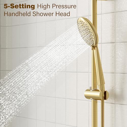 Gabrylly Shower System Gold, Slide Bar Shower Faucet Set with High Pressure 10" Rain Head and 5-Setting Handheld Spray, 2 Way Pressure Balance Valve with Trim Kit, Brushed Gold - Image 5