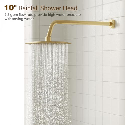 Gabrylly Shower System Gold, Slide Bar Shower Faucet Set with High Pressure 10" Rain Head and 5-Setting Handheld Spray, 2 Way Pressure Balance Valve with Trim Kit, Brushed Gold - Image 4