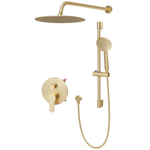 Gabrylly Shower System Gold, Slide Bar Shower Faucet Set with High Pressure 10" Rain Head and 5-Setting Handheld Spray, 2 Way Pressure Balance Valve with Trim Kit, Brushed Gold - Image 1
