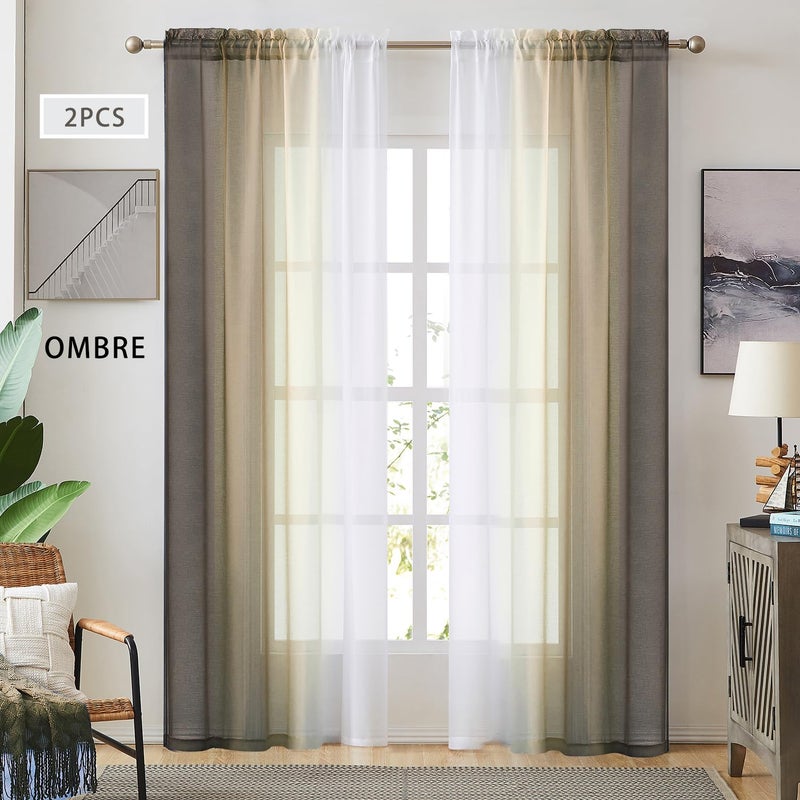 Ombre Faux Linen Sheer Curtains for Bedroom Living Room Rod Pocket Privacy and Light Filtering 2 Tone Reversible Gradient Voile Semi Window Curtains Set of 2 Panels Brown 54 x 96 Inch Length