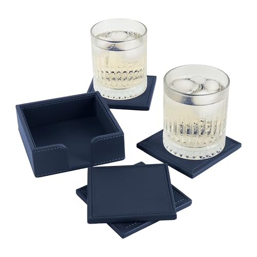 V-CUBE DESIGNS Premium Vegan Leather Coaster | Set of 4 Coasters with Holder for Dining Table, Office Desks for Tea Cups, Coffee Mugs, Glasses| Durable & Long Lasting | Decor Accessories | Navy Blue - Image 4