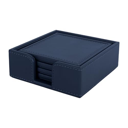 V-CUBE DESIGNS Premium Vegan Leather Coaster | Set of 4 Coasters with Holder for Dining Table, Office Desks for Tea Cups, Coffee Mugs, Glasses| Durable & Long Lasting | Decor Accessories | Navy Blue - Image 1