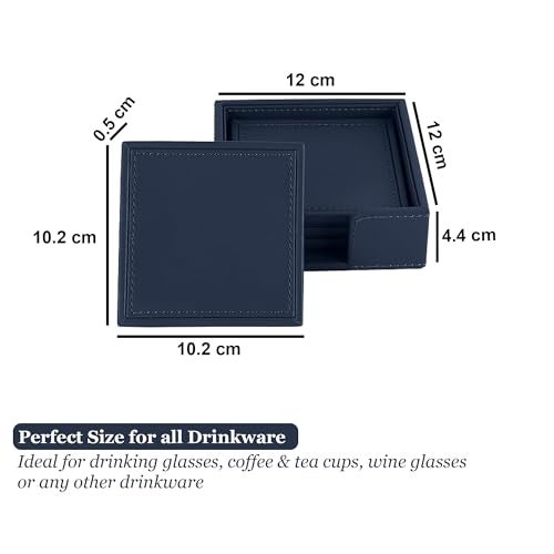 V-CUBE DESIGNS Premium Vegan Leather Coaster | Set of 4 Coasters with Holder for Dining Table, Office Desks for Tea Cups, Coffee Mugs, Glasses| Durable & Long Lasting | Decor Accessories | Navy Blue - Image 2