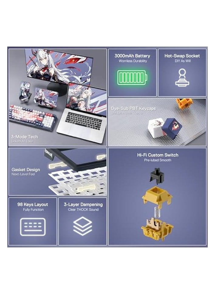 PROMASS K686 PRO SE 98 Keys Gasket RGB Gaming Keyboard, 3-Mode Anime Mechanical Keyboard with Hot-Swap Socket, Special Rotary Knob Control & Noise Dampening Pads, Custom Hi-Fi Linear Switch - Image 2