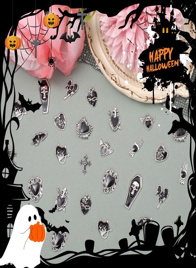 Uotey 24 Pcs Halloween Nail Charms, Chrome Gem Nail Charms 3D Metal Gothic Heart Nails Art Charm, Assorted Black Tombstone Cross Heart Gothic Halloween Charm for Acrylic Nails Art DIY Accessories - Image 3