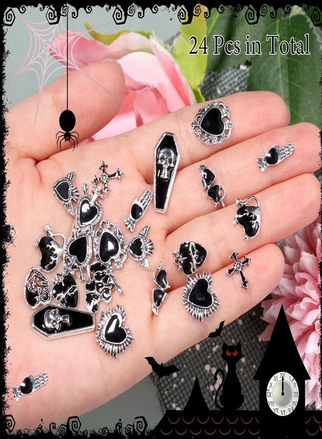 Uotey 24 Pcs Halloween Nail Charms, Chrome Gem Nail Charms 3D Metal Gothic Heart Nails Art Charm, Assorted Black Tombstone Cross Heart Gothic Halloween Charm for Acrylic Nails Art DIY Accessories - Image 4