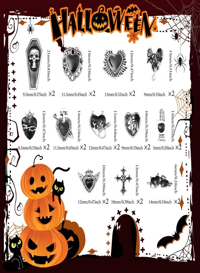 Uotey 24 Pcs Halloween Nail Charms, Chrome Gem Nail Charms 3D Metal Gothic Heart Nails Art Charm, Assorted Black Tombstone Cross Heart Gothic Halloween Charm for Acrylic Nails Art DIY Accessories - Image 2