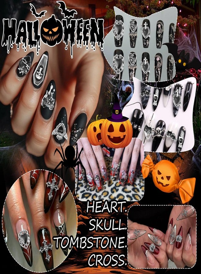 Uotey 24 Pcs Halloween Nail Charms, Chrome Gem Nail Charms 3D Metal Gothic Heart Nails Art Charm, Assorted Black Tombstone Cross Heart Gothic Halloween Charm for Acrylic Nails Art DIY Accessories - Image 5