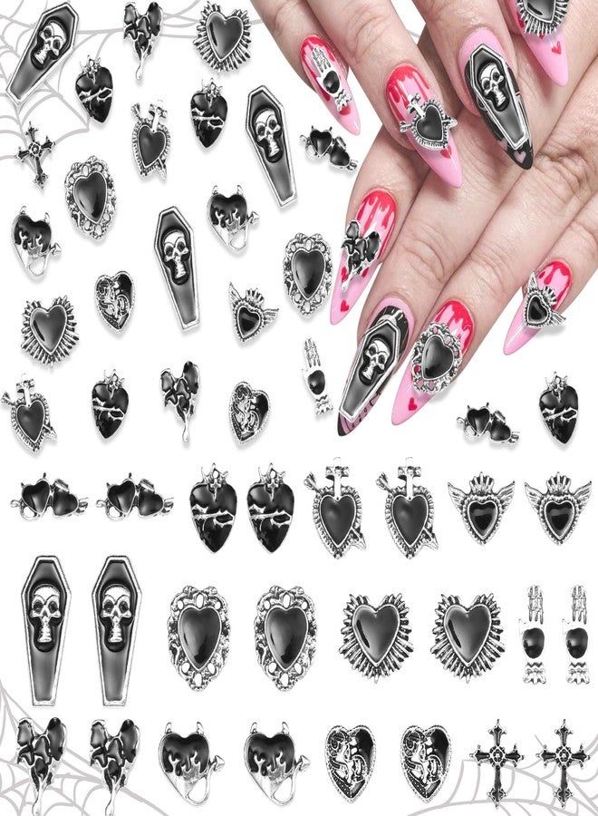 Uotey 24 Pcs Halloween Nail Charms, Chrome Gem Nail Charms 3D Metal Gothic Heart Nails Art Charm, Assorted Black Tombstone Cross Heart Gothic Halloween Charm for Acrylic Nails Art DIY Accessories - Image 1