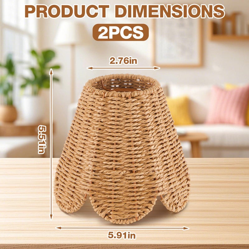 Glooglitter Small Clip-on Chandelier Rattan Lamps Set Shade Scalloped Lampshade 3"top x 6"bottom x 5-1/4"slant Height Empire Lamp Shade Chandelier or Accent Lamp(Paper Rope,Naturals,2 Pcs) - Image 2
