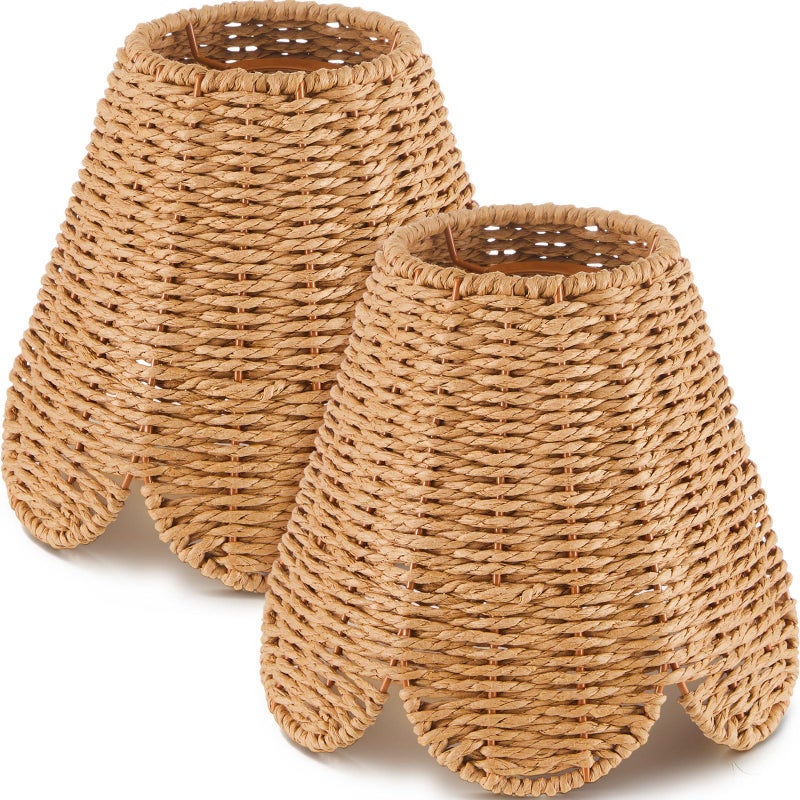 Glooglitter Small Clip-on Chandelier Rattan Lamps Set Shade Scalloped Lampshade 3"top x 6"bottom x 5-1/4"slant Height Empire Lamp Shade Chandelier or Accent Lamp(Paper Rope,Naturals,2 Pcs) - Image 1