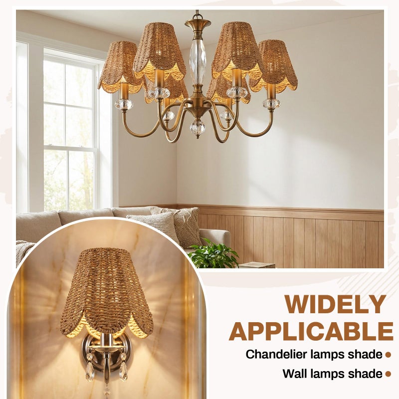 Glooglitter Small Clip-on Chandelier Rattan Lamps Set Shade Scalloped Lampshade 3"top x 6"bottom x 5-1/4"slant Height Empire Lamp Shade Chandelier or Accent Lamp(Paper Rope,Naturals,2 Pcs) - Image 4