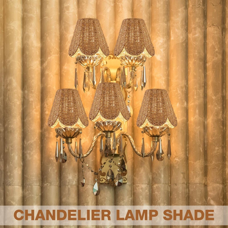 Glooglitter Small Clip-on Chandelier Rattan Lamps Set Shade Scalloped Lampshade 3"top x 6"bottom x 5-1/4"slant Height Empire Lamp Shade Chandelier or Accent Lamp(Paper Rope,Naturals,2 Pcs) - Image 5