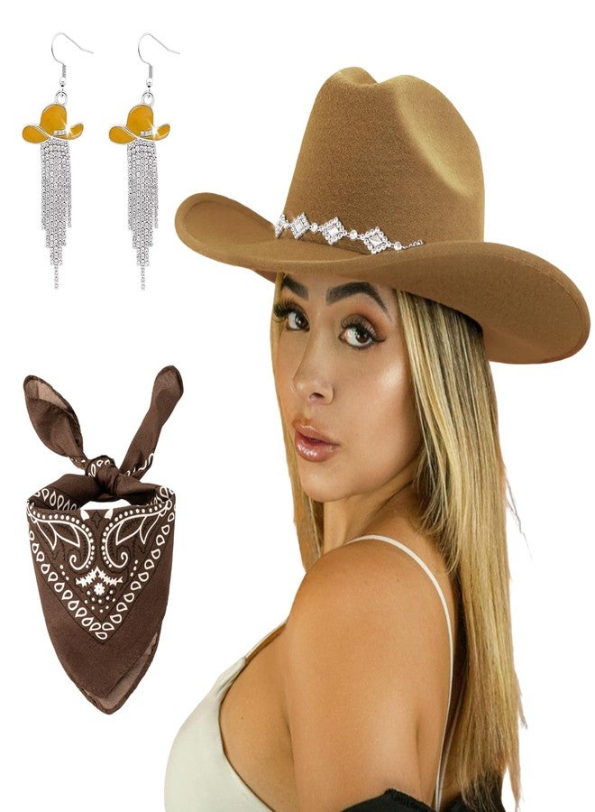 JIANGLAI Western Cowgirl Hat for Women Men, Fedora Wide Brim Rhinestone Cowboy Hat with Bandana and Cowgirl Tassels Earrings (Khaki, One Size) - Image 1