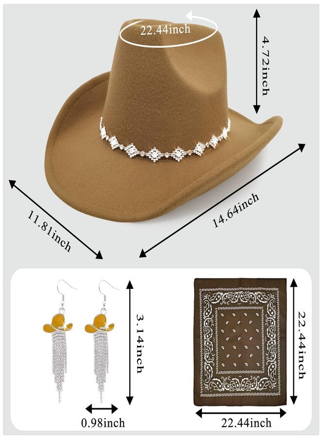 JIANGLAI Western Cowgirl Hat for Women Men, Fedora Wide Brim Rhinestone Cowboy Hat with Bandana and Cowgirl Tassels Earrings (Khaki, One Size) - Image 2