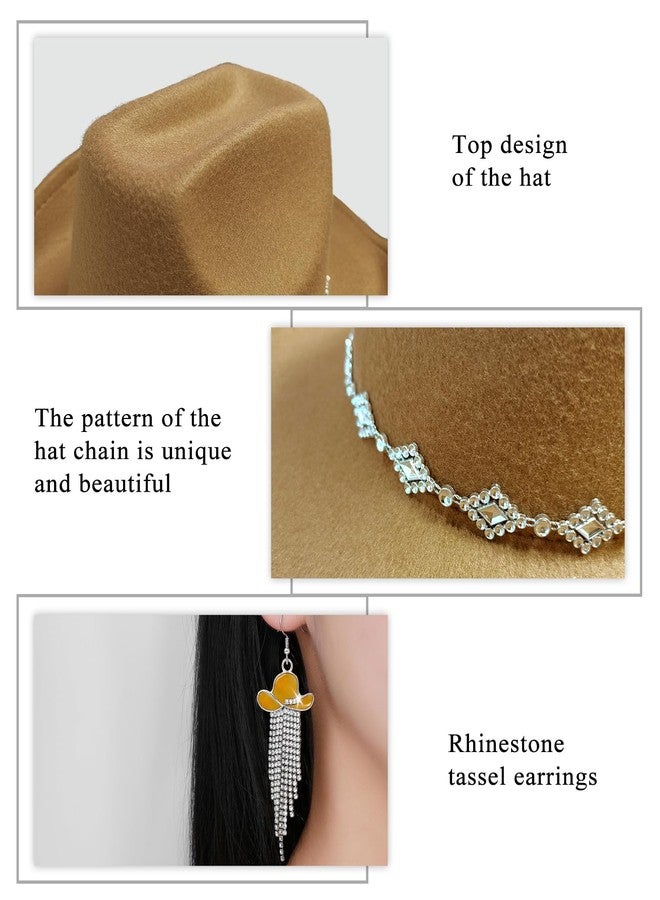 JIANGLAI Western Cowgirl Hat for Women Men, Fedora Wide Brim Rhinestone Cowboy Hat with Bandana and Cowgirl Tassels Earrings (Khaki, One Size) - Image 3