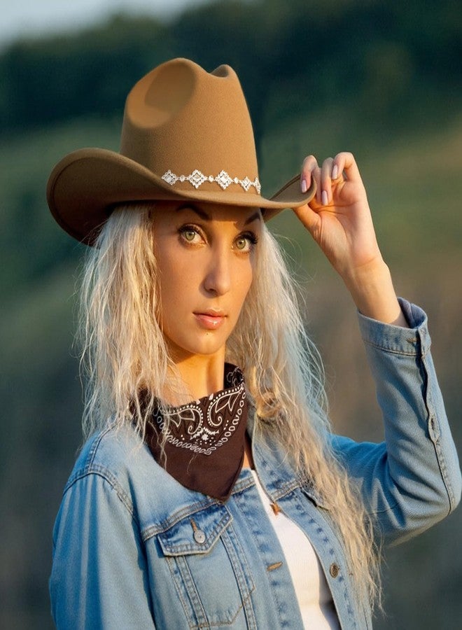 JIANGLAI Western Cowgirl Hat for Women Men, Fedora Wide Brim Rhinestone Cowboy Hat with Bandana and Cowgirl Tassels Earrings (Khaki, One Size) - Image 5
