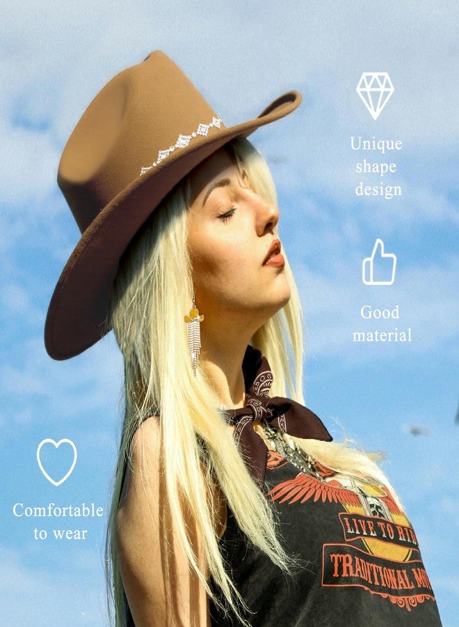 JIANGLAI Western Cowgirl Hat for Women Men, Fedora Wide Brim Rhinestone Cowboy Hat with Bandana and Cowgirl Tassels Earrings (Khaki, One Size) - Image 4