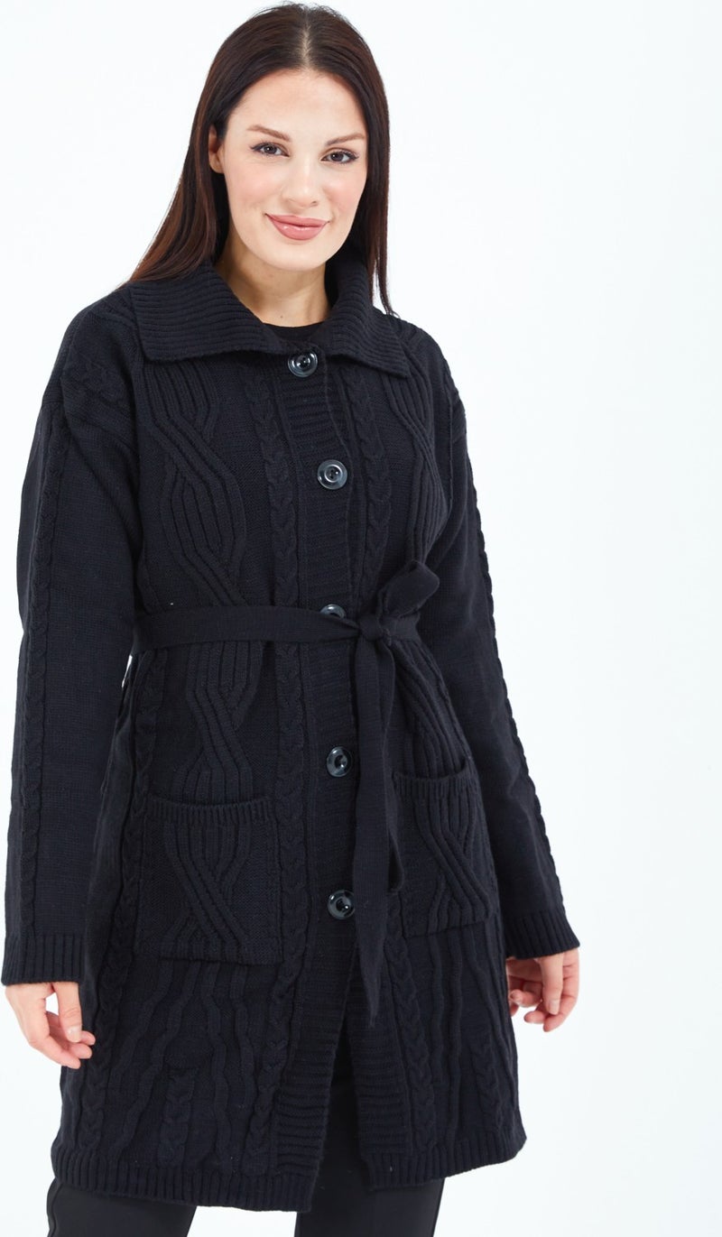 Stilmony Women's Black Buttoned Belted Knitted Wool Long Cardigan - Image 2