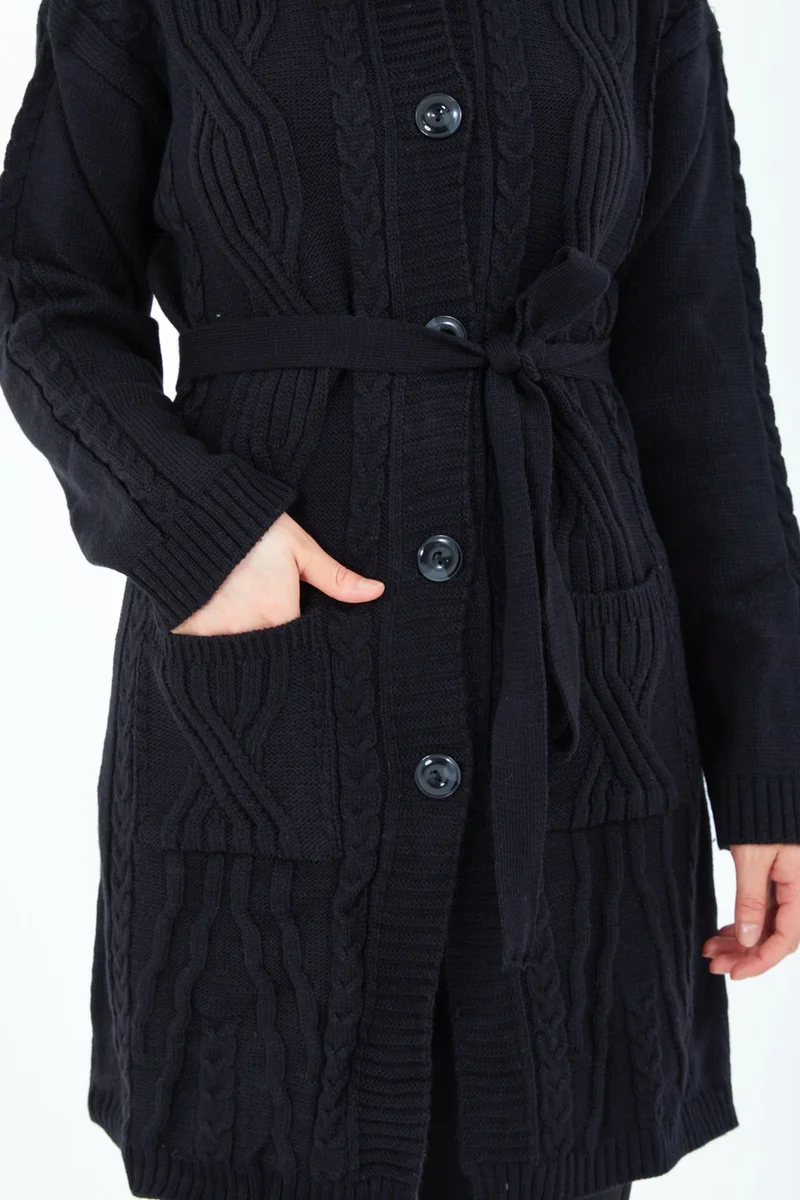 Stilmony Women's Black Buttoned Belted Knitted Wool Long Cardigan