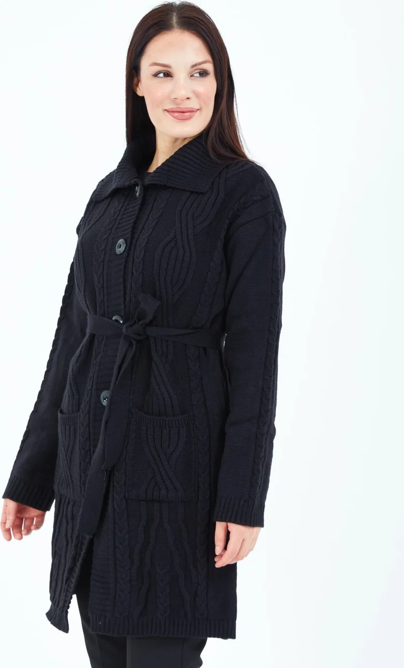 Stilmony Women's Black Buttoned Belted Knitted Wool Long Cardigan