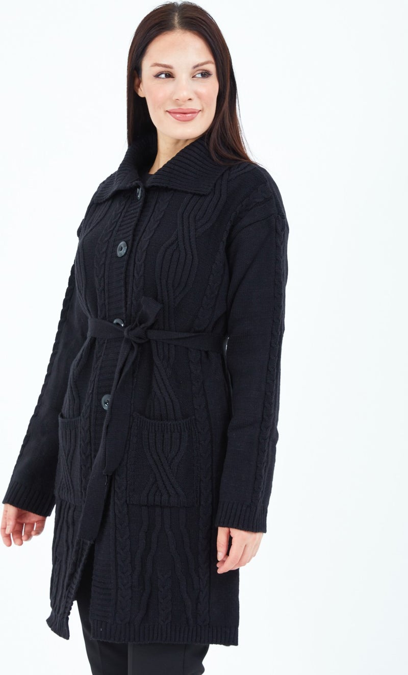Stilmony Women's Black Buttoned Belted Knitted Wool Long Cardigan - Image 4