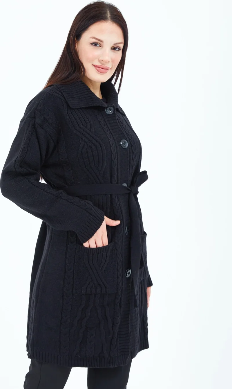 Stilmony Women's Black Buttoned Belted Knitted Wool Long Cardigan