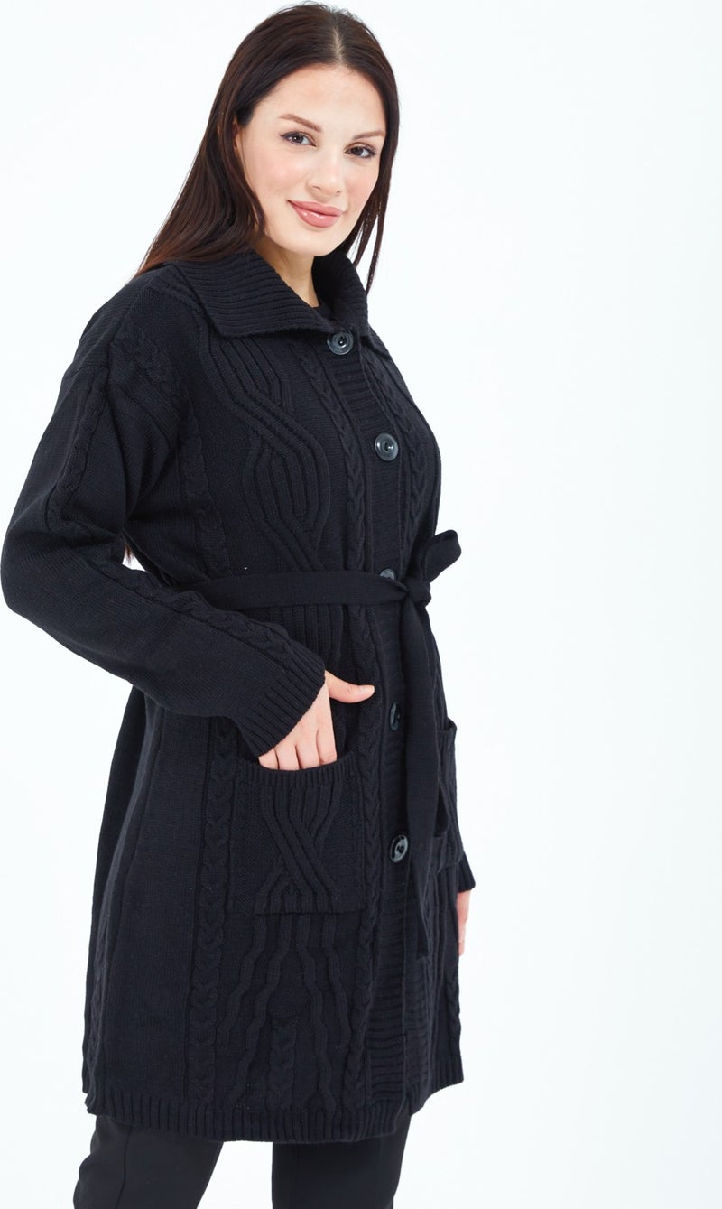 Stilmony Women's Black Buttoned Belted Knitted Wool Long Cardigan - Image 3