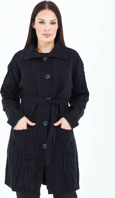 Stilmony Women's Black Buttoned Belted Knitted Wool Long Cardigan