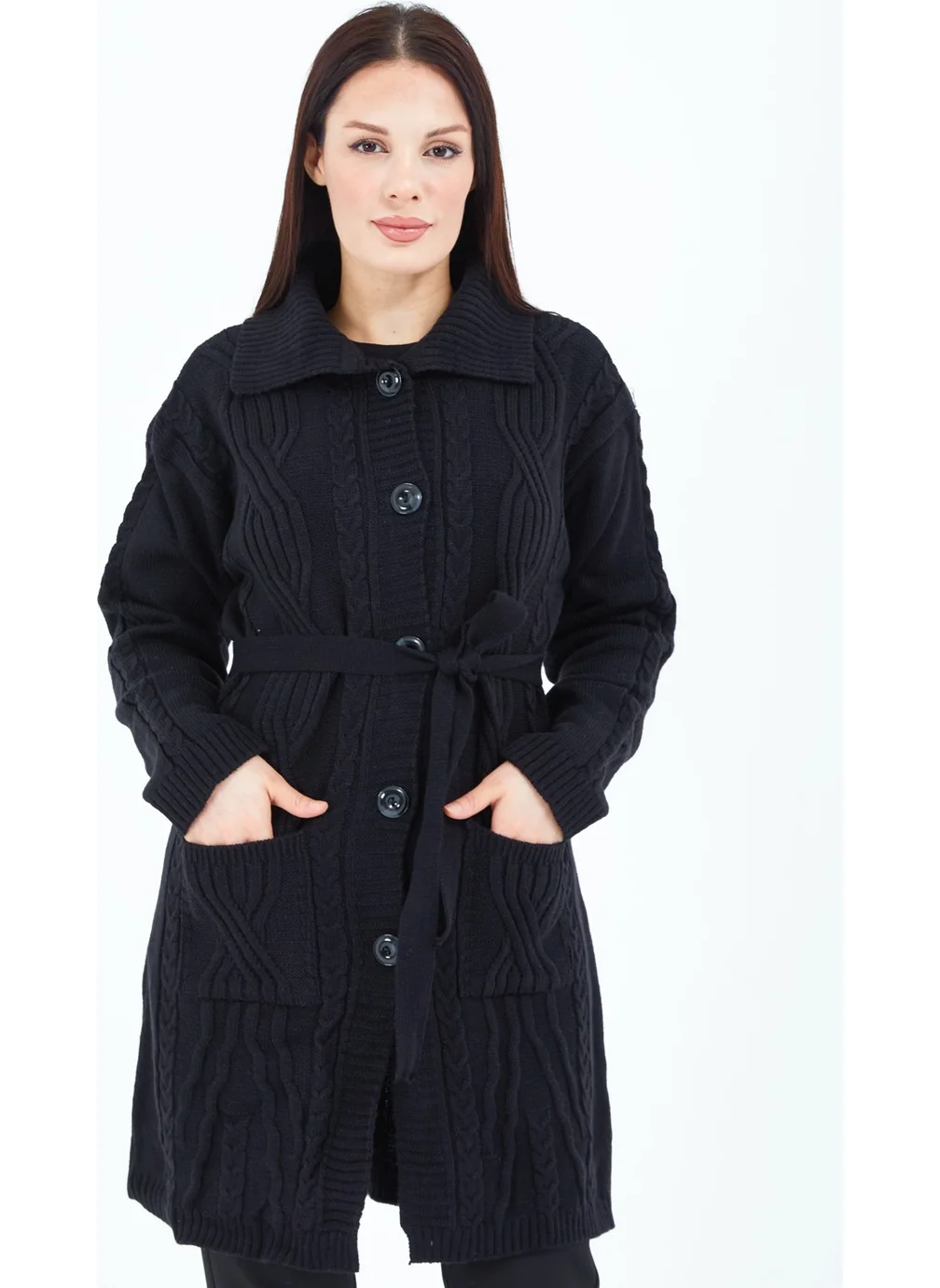 Stilmony Women's Black Buttoned Belted Knitted Wool Long Cardigan