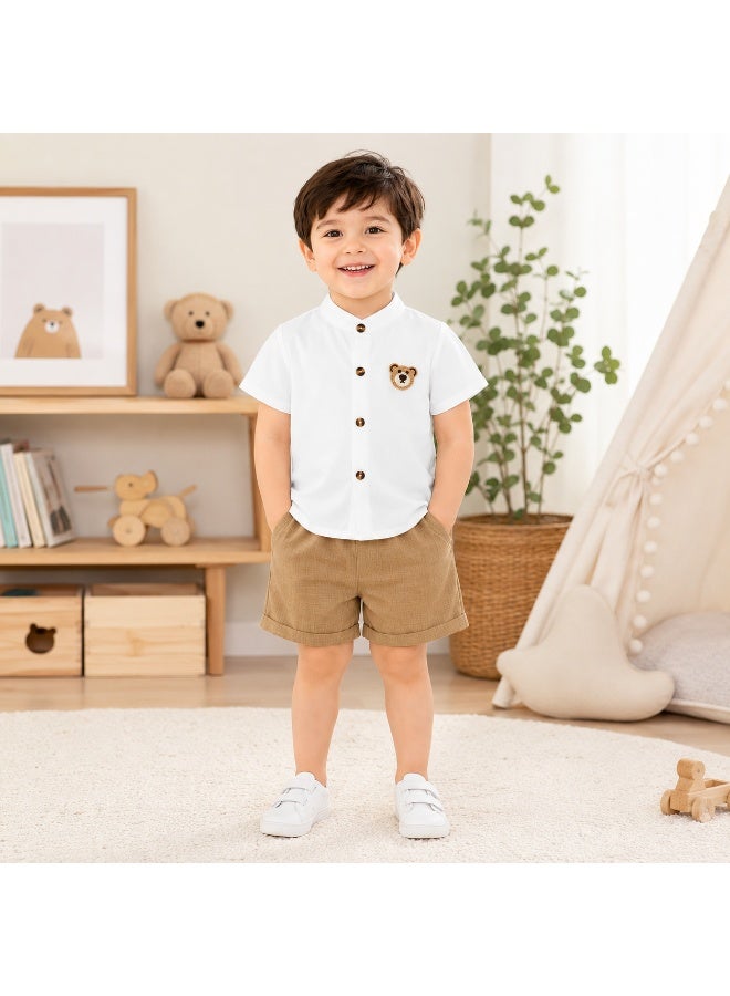 Smarties AE Baby Boys Formal Shirt and Shorts Set with Bear Embroidery, Mandarin Collar Button-Down Top and Elastic Waist Shorts, Smart Casual Outfit for Toddlers 18 Months to 3 Years - Image 1