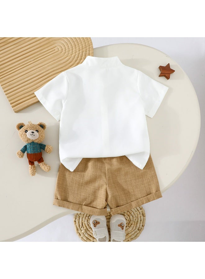 Smarties AE Baby Boys Formal Shirt and Shorts Set with Bear Embroidery, Mandarin Collar Button-Down Top and Elastic Waist Shorts, Smart Casual Outfit for Toddlers 18 Months to 3 Years - Image 3