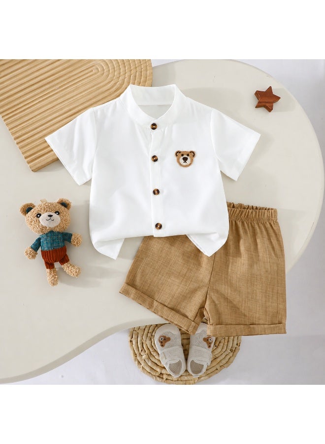 Smarties AE Baby Boys Formal Shirt and Shorts Set with Bear Embroidery, Mandarin Collar Button-Down Top and Elastic Waist Shorts, Smart Casual Outfit for Toddlers 18 Months to 3 Years - Image 2