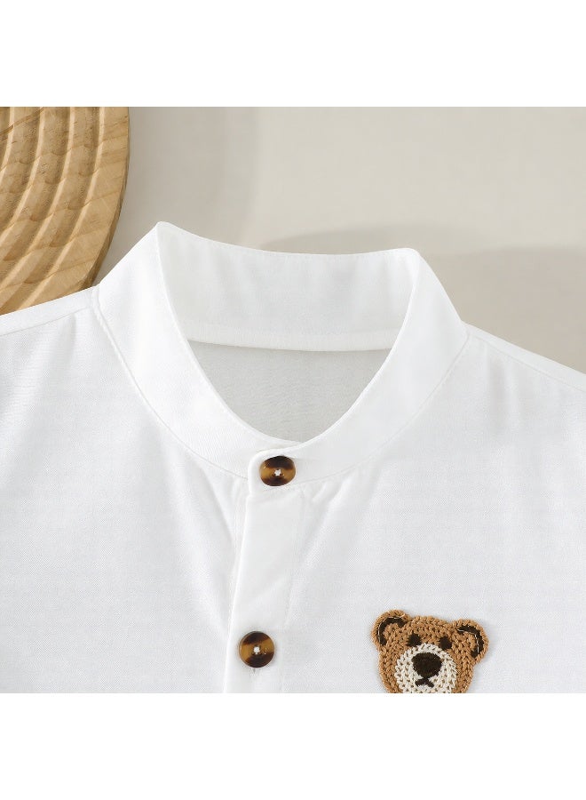 Smarties AE Baby Boys Formal Shirt and Shorts Set with Bear Embroidery, Mandarin Collar Button-Down Top and Elastic Waist Shorts, Smart Casual Outfit for Toddlers 18 Months to 3 Years - Image 4
