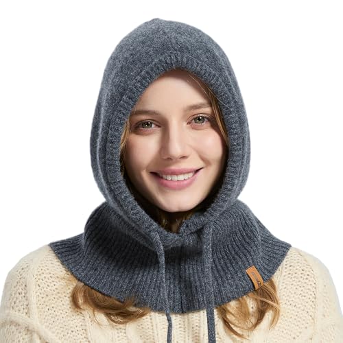 ACUSHLA 100% Merino Wool Balaclava for Women & Men Winter Warm Knit Hooded Scarf Hoodie Hat and Scarf Set in One, Dark Grey - Image 1